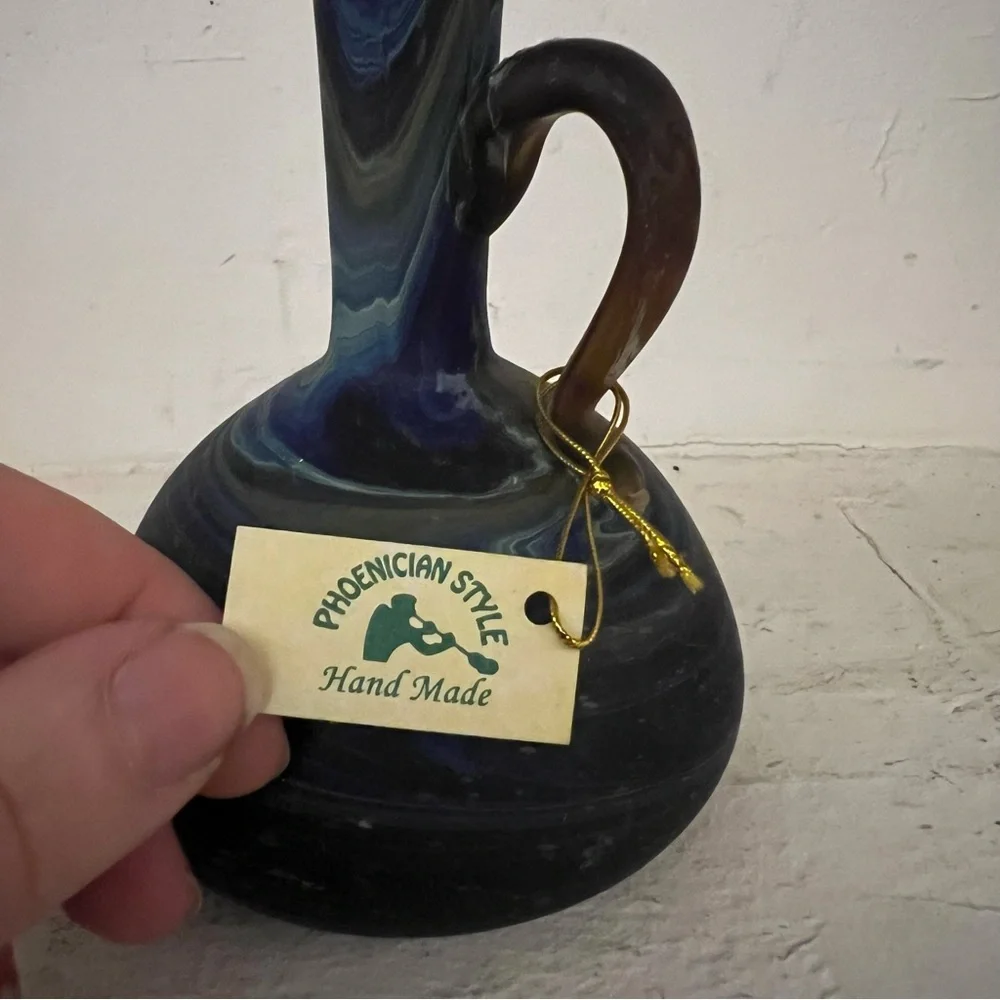 NEW Mini Blue Glass Pitcher Jar Long Neck Vase Phoenician Hebron Glass